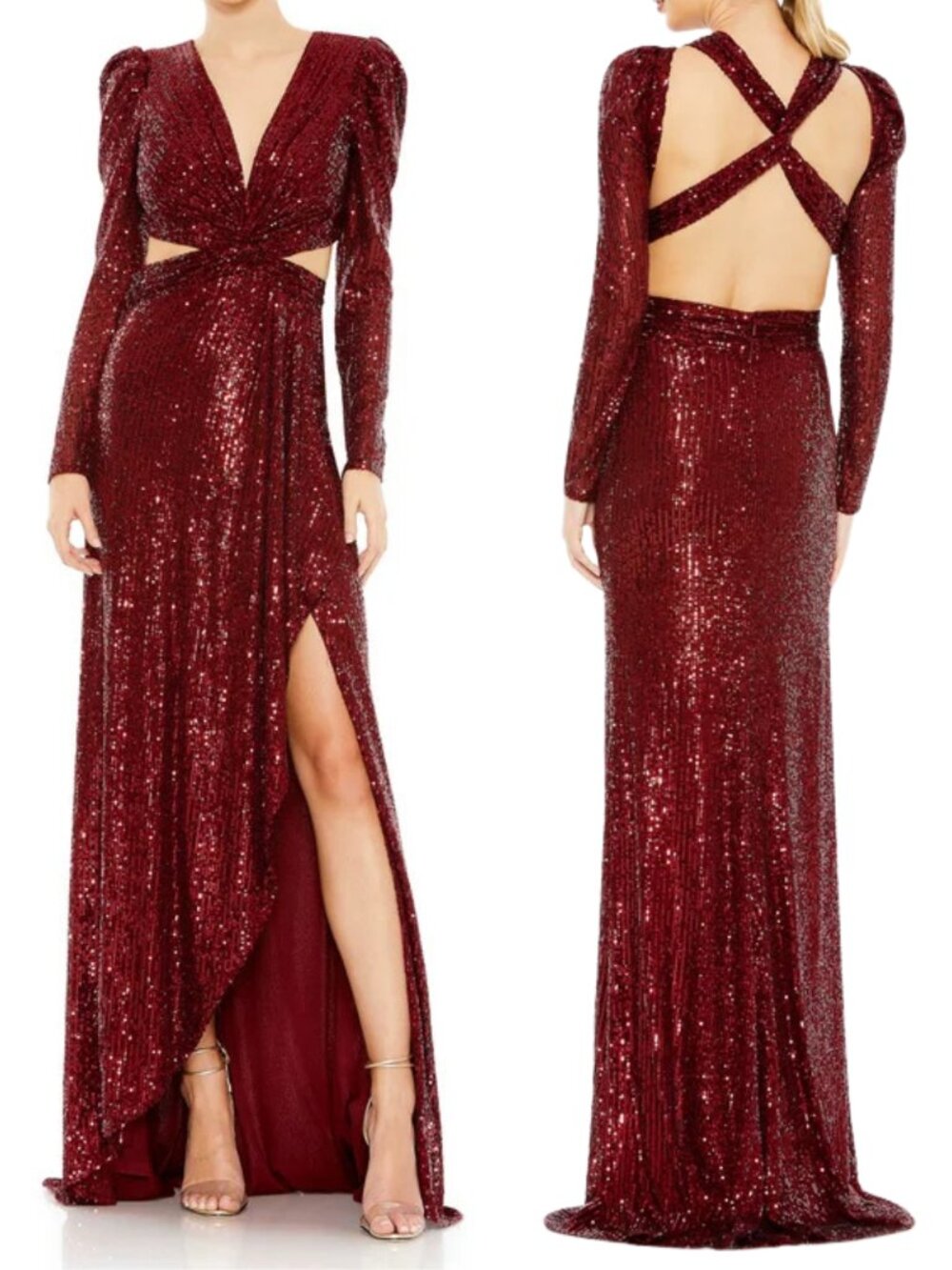 NWT Mac Duggal Sequined Criss Cross Long Sleeve Gown, Wine, Size 8